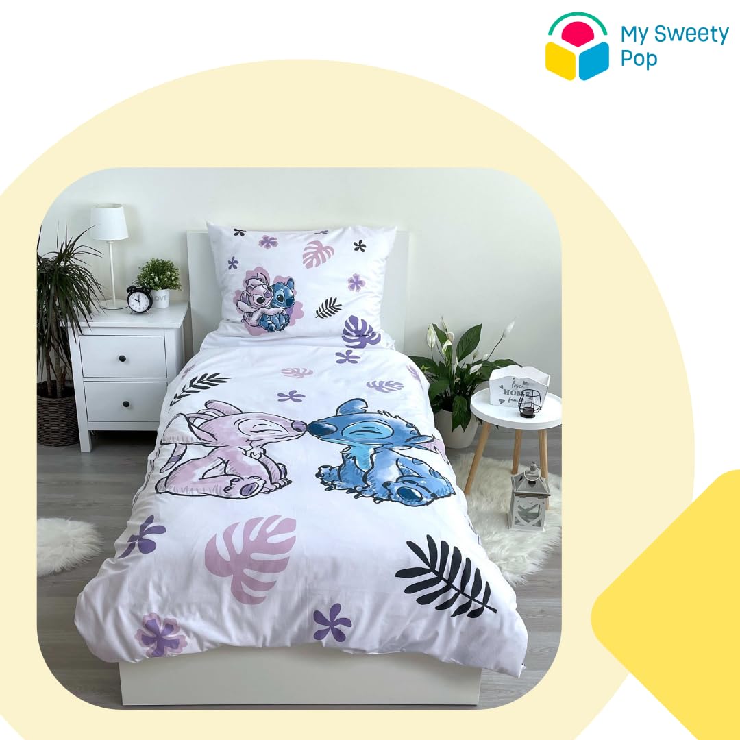 My sweety pop - Juego de cama para niña Lilo&Stitch de 2 piezas, funda de edredón reversible, 140 x 200 cm, funda de almohada, 70 x 90 cm, algodón, color morado y blanco