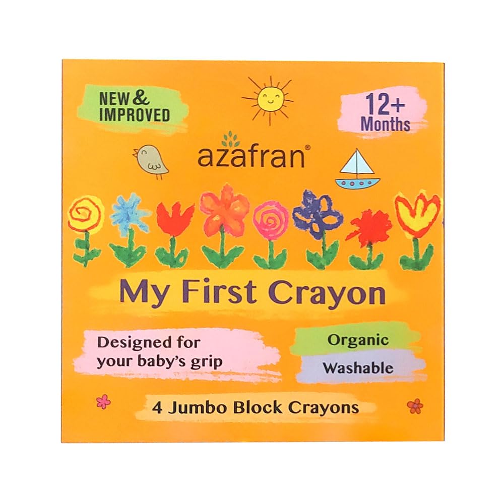 Azafran My First Crayon, 4 Jumbo Block Crayons, Organic, Washable, Non-Toxic, Easy Grip for Tiny Hands