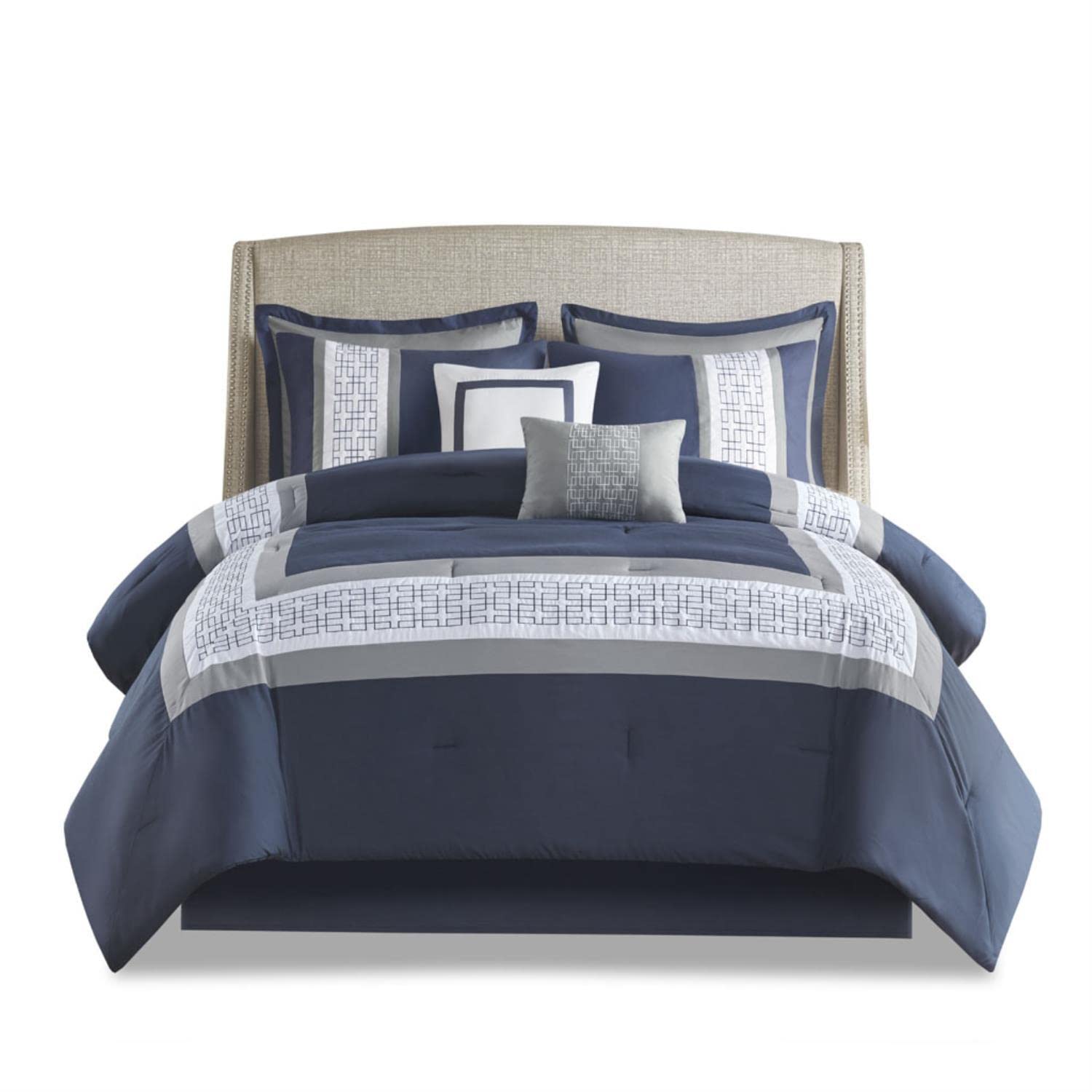 510 design powell cozy comforter set, hotel style border design with geometric embroidery details, all season bedding with matching sham, decorative pillow, bedskirt, king(104"x92") navy 8 piece
