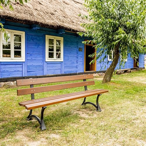 REKORD Gartenbank 170 x 59 x 73 cm Robuste Parkbank aus Metall und Holz mit Rückenlehne wetterfeste Outdoor Sitzbank Bank für Garten Terrasse Balkon Vorgarten – Lodzka - Palisander