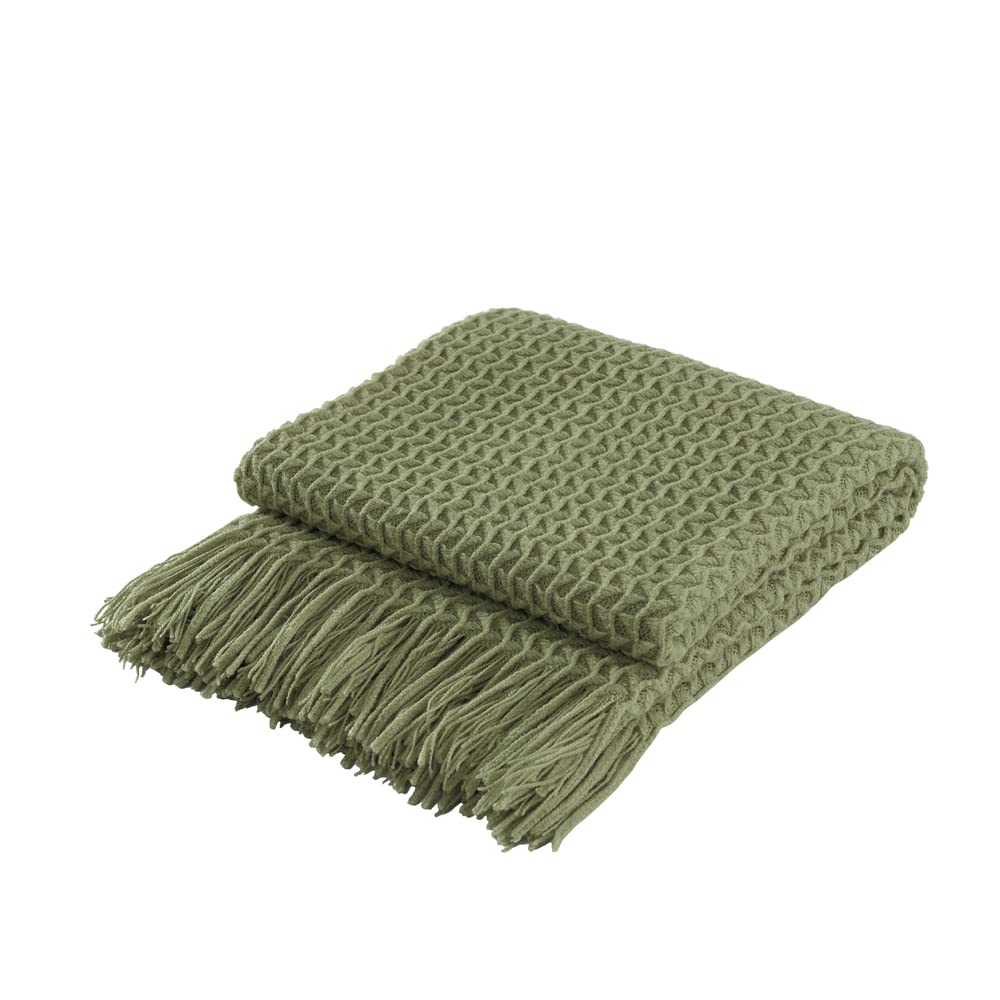 Coastline Super Soft Decorative Knit Throw Blanket for Sofa Couch Chair Bed, Lightweight Travel Blanket Nap Throw, Cashmere-like Soft and Cozy, Delicate Weave Pattern with Fring,Olivegreen,127x152cm