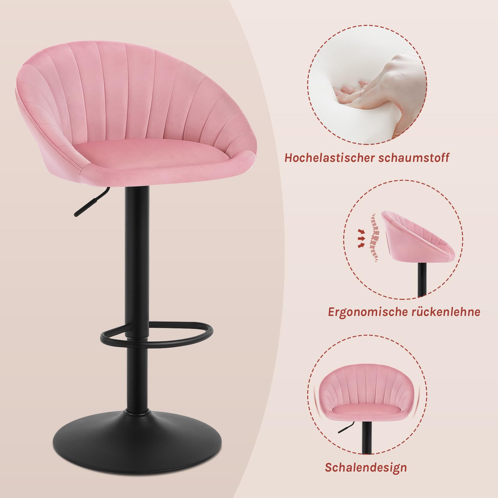 WOLTU Barhocker 2er Set, Barstuhl Höhenverstellbar, Samt-Bezug, Rosa