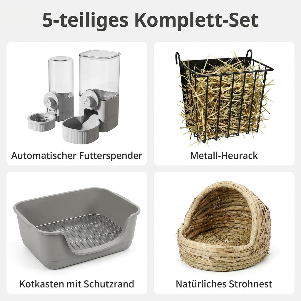 Kaninchenstall 2-stöckig mit 5-teiligem Zubehör-Set – Faltbarer Hasenkäfig 82,5×60,5×70 cm – Spritzschutz-Kotkasten, Metall-Heurack, Trinkflasche, Strohnest – Kleintiere Innen