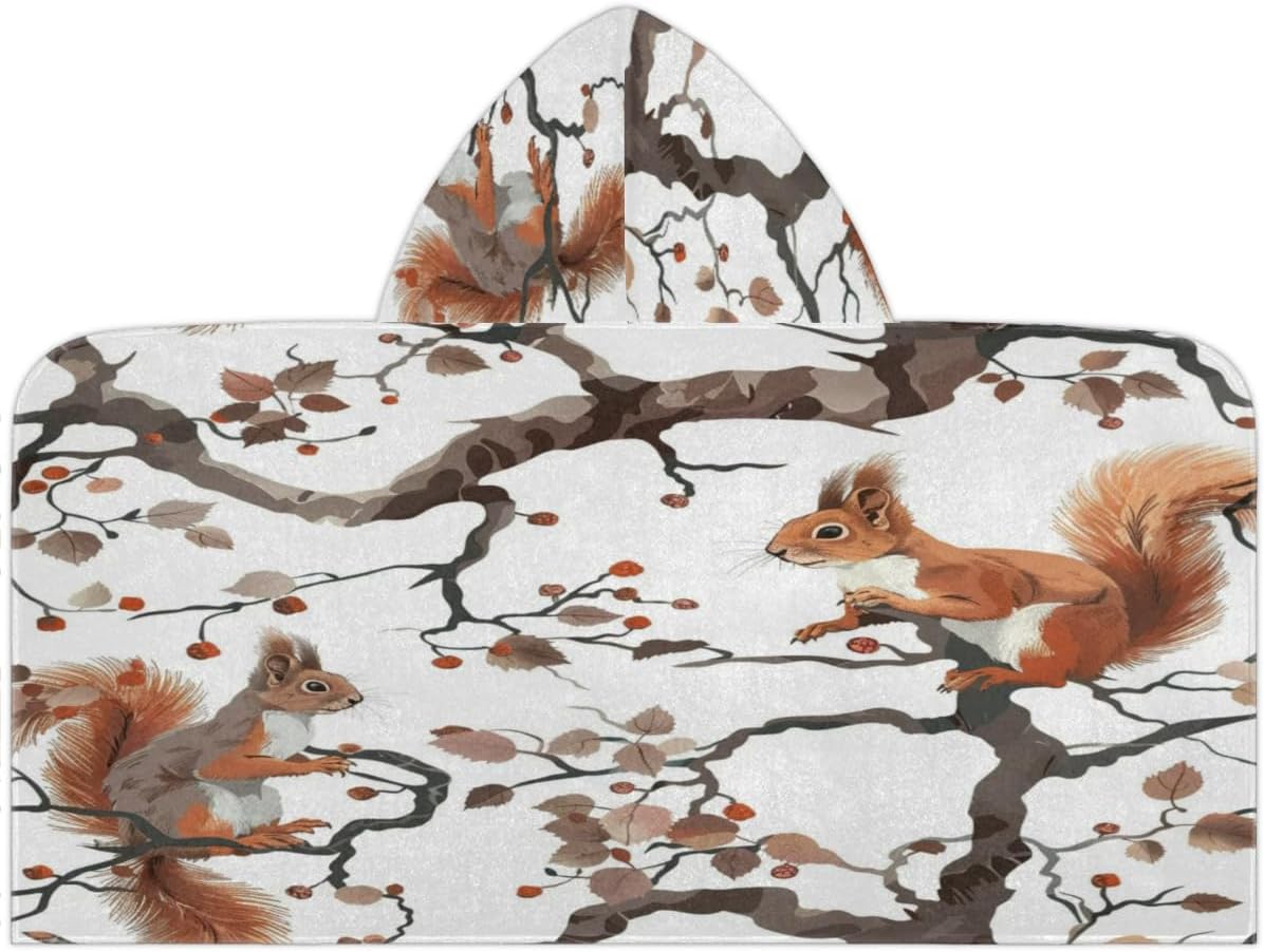 Squirrel Kids Hooded Beach Towel for Girls Boys, Funny Squirrel Large Hooded Bath Towel Wrap Absorbent Quick Dry Toddler Swim Shower Pool Beach Towel