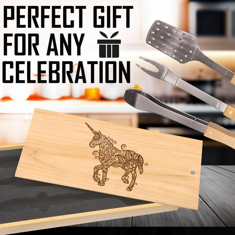 Set de utensilios para BBQ con diseño unicornio y caja grabada miniatura 4