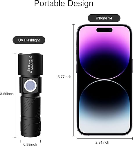 Miniatura 6 de COSOOS Linterna de luz negra recargable por USB, linterna UV de 395 nm con 3 modos, mini linterna con zoom de bolsillo con asa, detector portátil