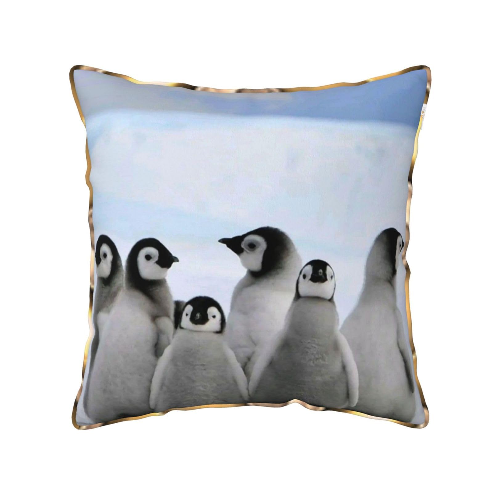 AUBKFELD Young Penguins With Snow Printed Velvet Cushion Cover 40x40 CM with Gold Edging Strip, Square Pillowcase Soft Throw Pillow Covers Case Decorative for Living Room Sofa Couch Bed Bench