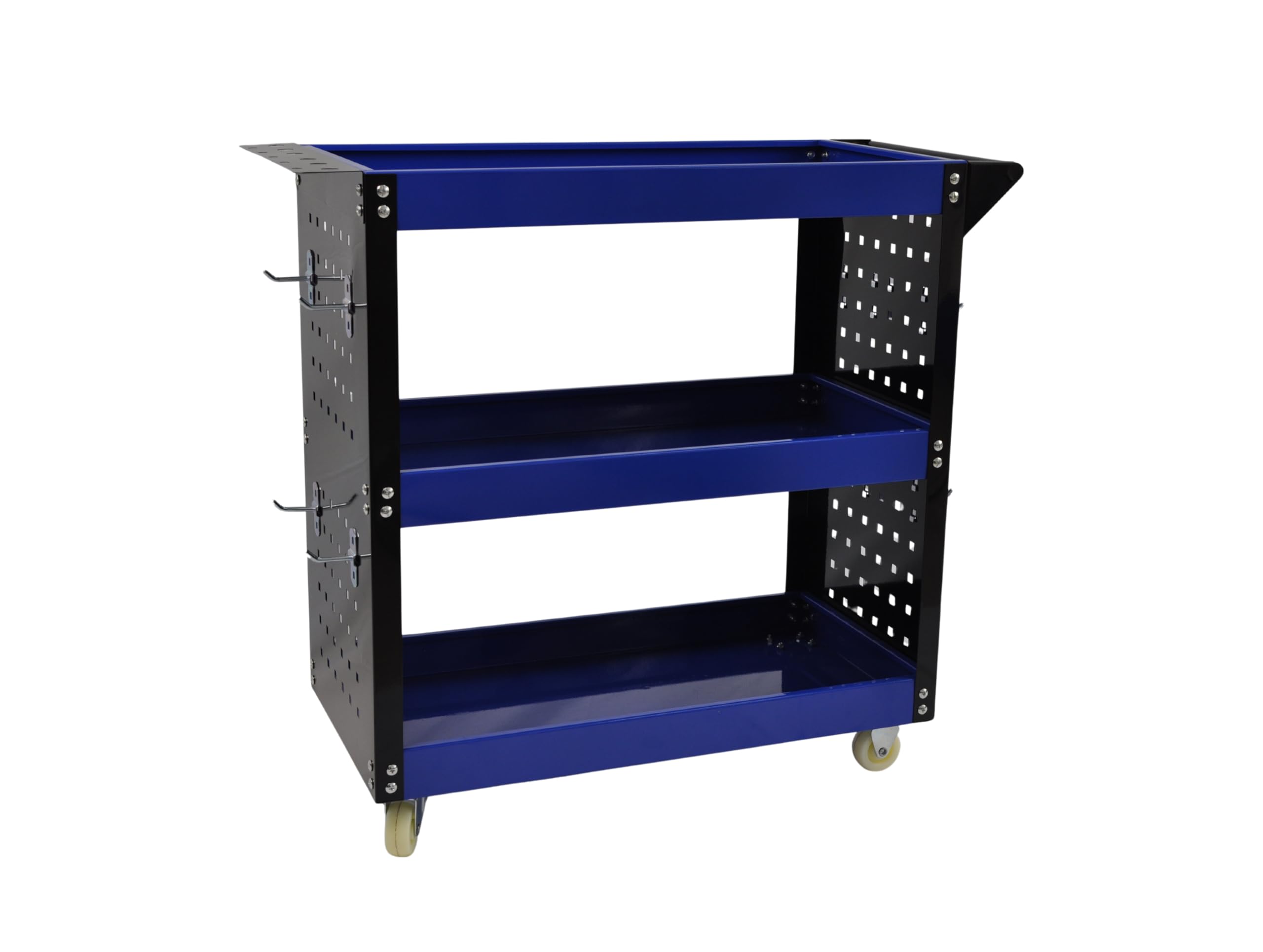 Carro de Taller Profesional 3 Baldas con Paneles Laterales y Ganchos – Azul/Negro – 700×350×760 mm – Carro Herramientas con Ruedas Maniobrable
