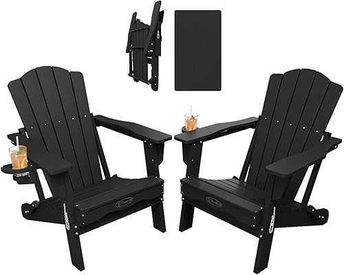 THOEOE Juego de 2 Sillas Adirondack Plegables, Silla de Patio Exterior de HDPE para Todo Clima con Portavasos, Negro