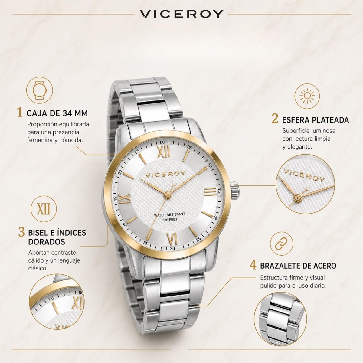 Viceroy Reloj Mujer Elegante de Acero Inoxidable - 34 mm - Movimiento de Cuarzo - Bisel Dorado - Brazalete de Acero - 41138