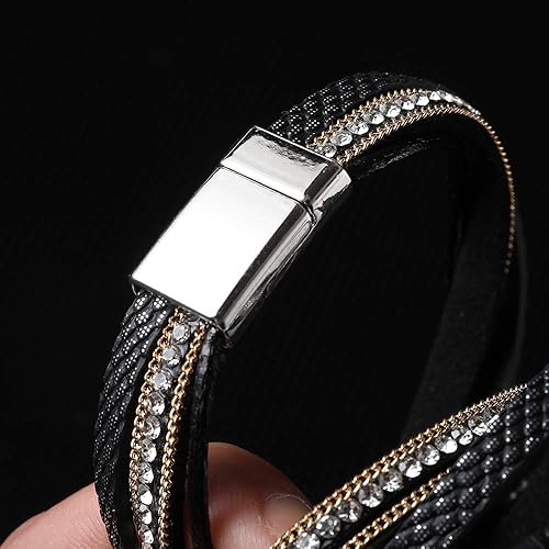 Miniatura 5 de Fesciory - Pulseras envolventes de cuero para mujer, brazaletes con cuentas de cristal de leopardo, estilo bohemio, multicapa