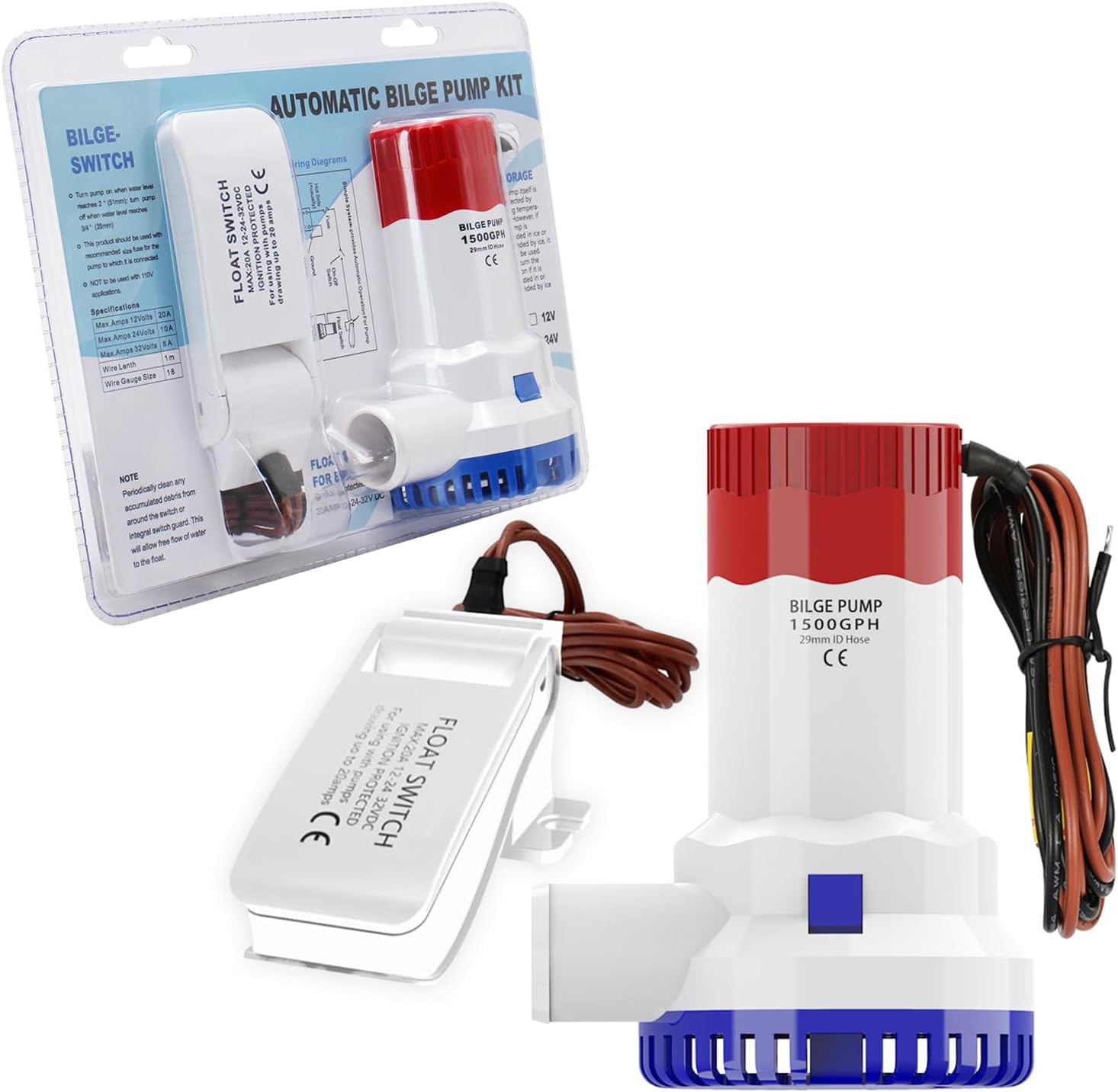 1500 Gph Bilge Pump 12 Volt, Quiet Sound Boat Water Pump with Float Switch, Suitable for Boats, Pools, and Ponds