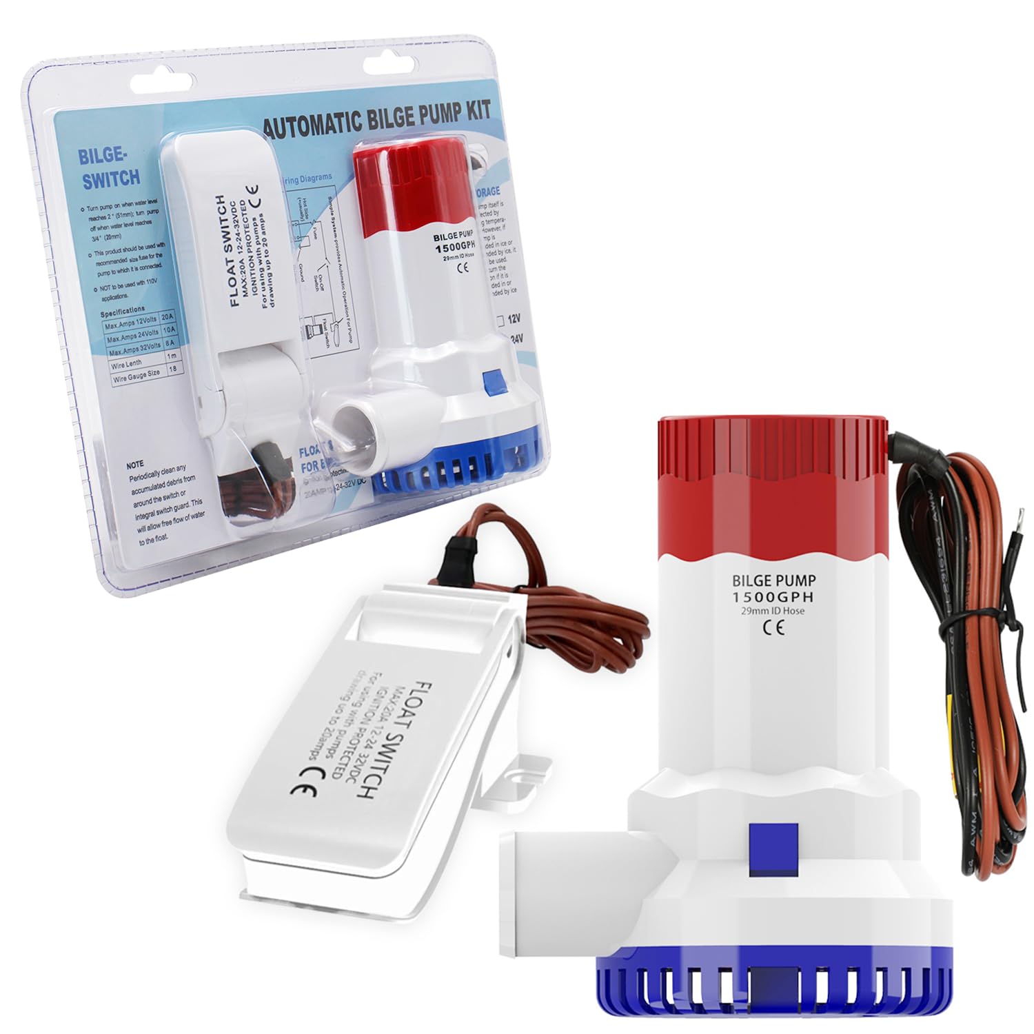 1500 Gph Bilge Pump 12 Volt, Quiet Sound Boat Water Pump with Float Switch, Suitable for Boats, Pools, and Ponds