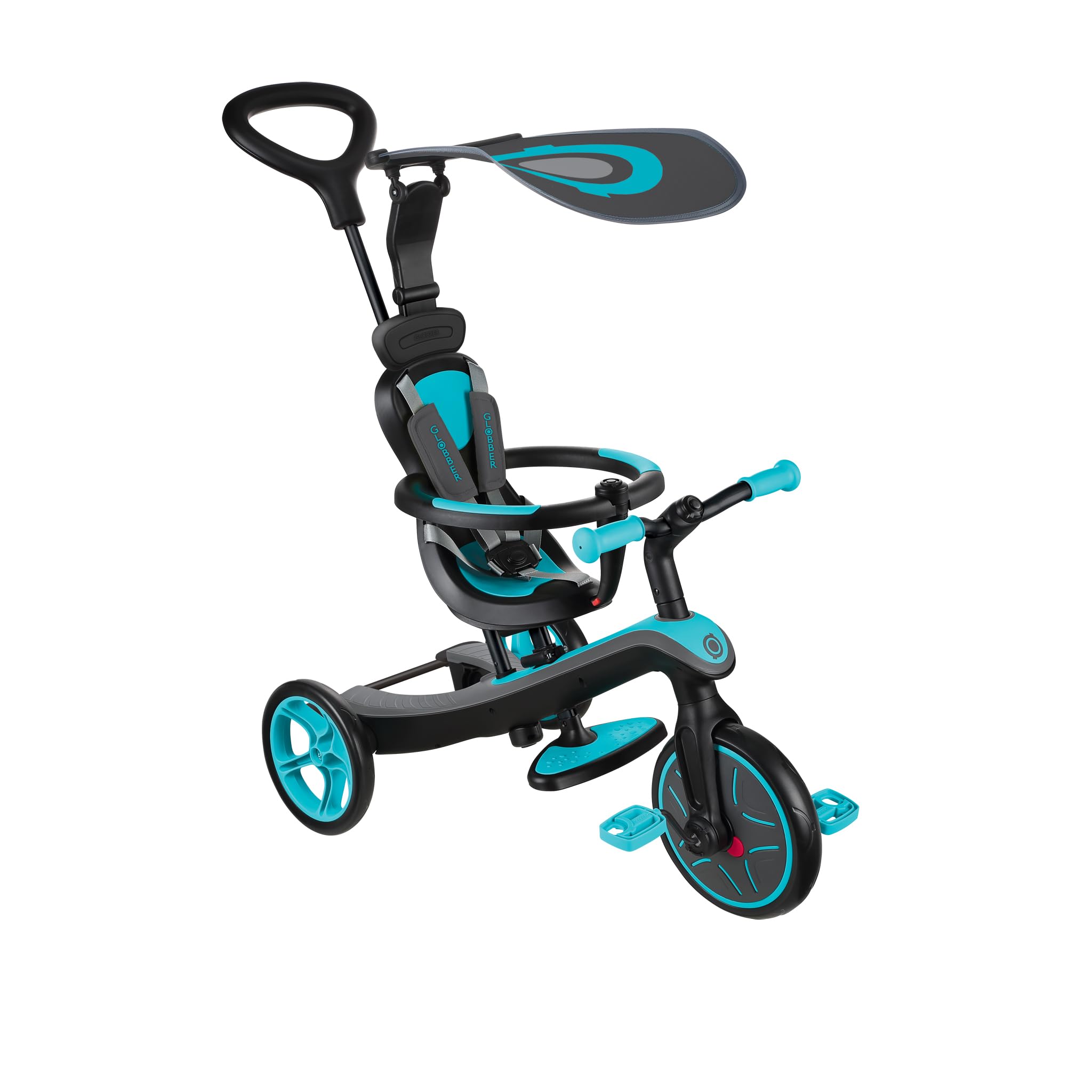 Globber 4 in 1 Explorer Trike and Balance Bike with Harness and Seat - Adjustable Sunshade - Parental Steering Handle - Safety Steering Lock System- Suitable from 10 Months - 2 Year Warranty (Teal)