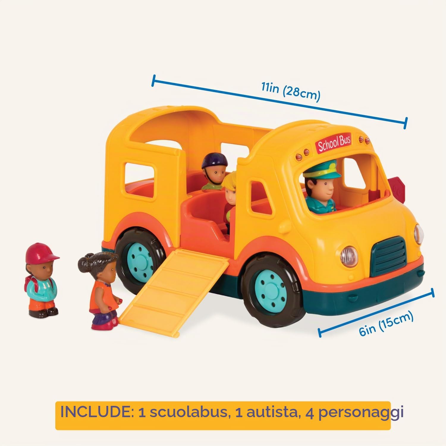 Battat - Scuolabus Luminoso e sonoro - Scuolabus Giallo Luminoso - 5 Figure Giocattolo - Suoni realistici - Segnale di Stop Pieghevole - 18 Mesi +