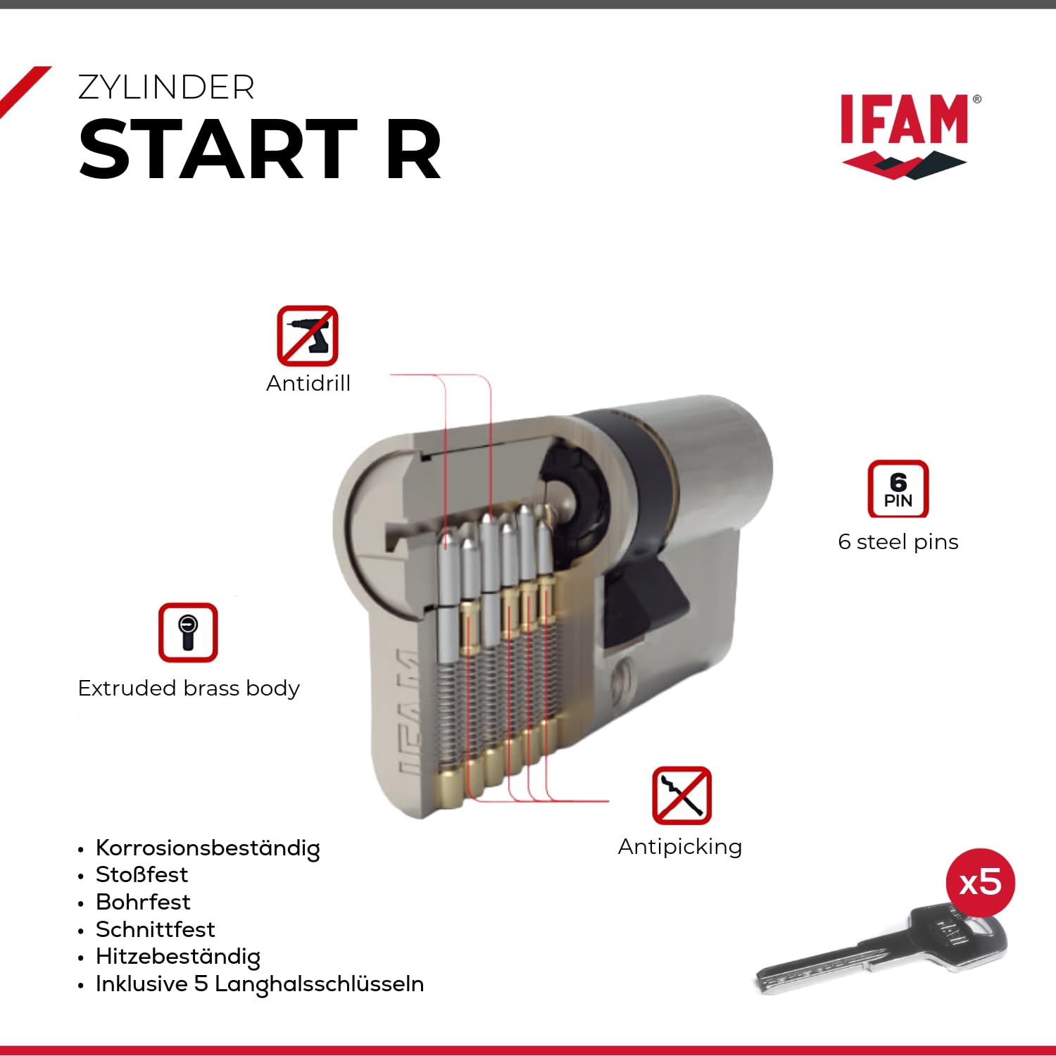 IFAM Cylinder Start STR1030L, Zylindrisches Sicherheitsschloss, Messingausführung, 10x30mm, inkl. 5 vernickelten Stahl-Sicherheitsschlüsseln, Euro-Profilzylinder, Innen- und Außentürschlösser