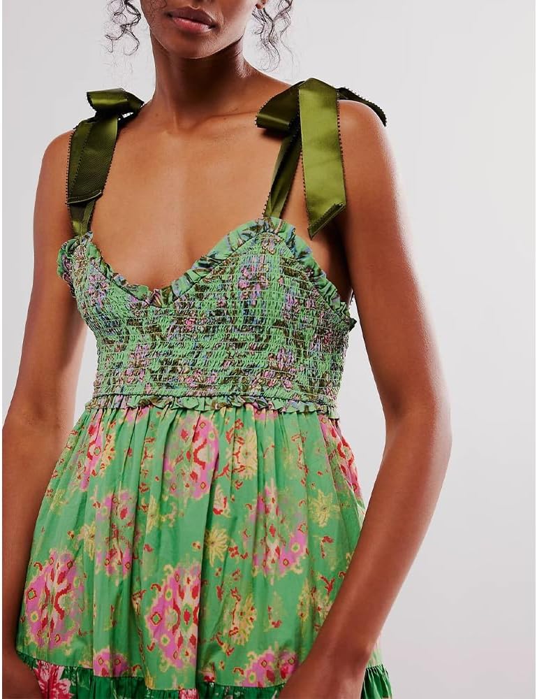 Women Floral Maxi Dress Tie Shoulder Patchwork Smocked Flowy Boho Dress with Pockets Summer Vacation Sundress - Image 2