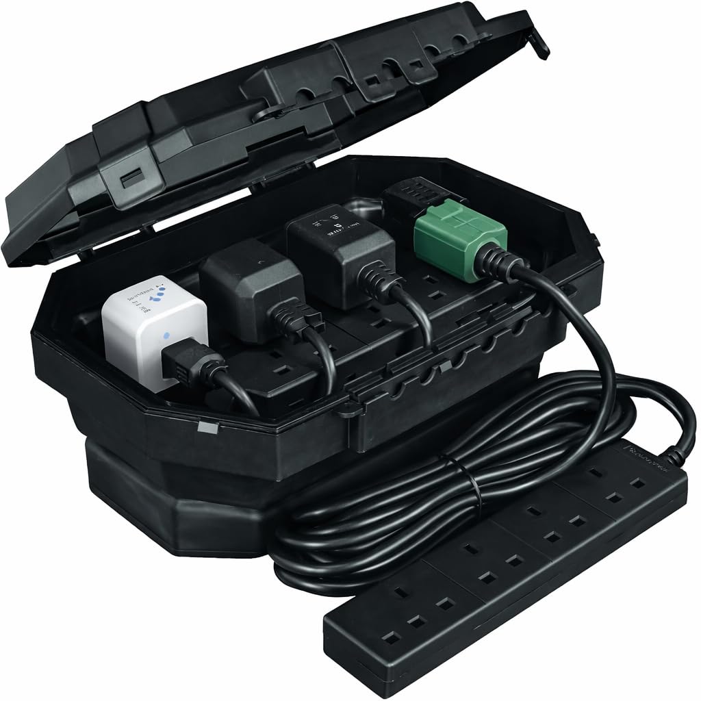 Collapsible Electrical Connection Box with 4 Socket 8m Extension Lead | Weatherproof Outdoor Cable Enclosure | Garden Power Protection