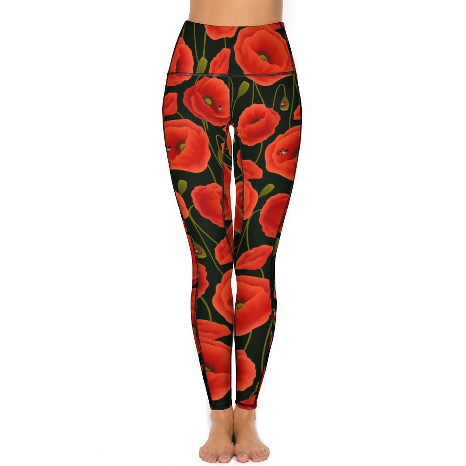 MHYRAC Women's Gym Leggings, Red Poppy Flowers Yoga Pants, High Waisted Sports Workout Leggings with Pockets