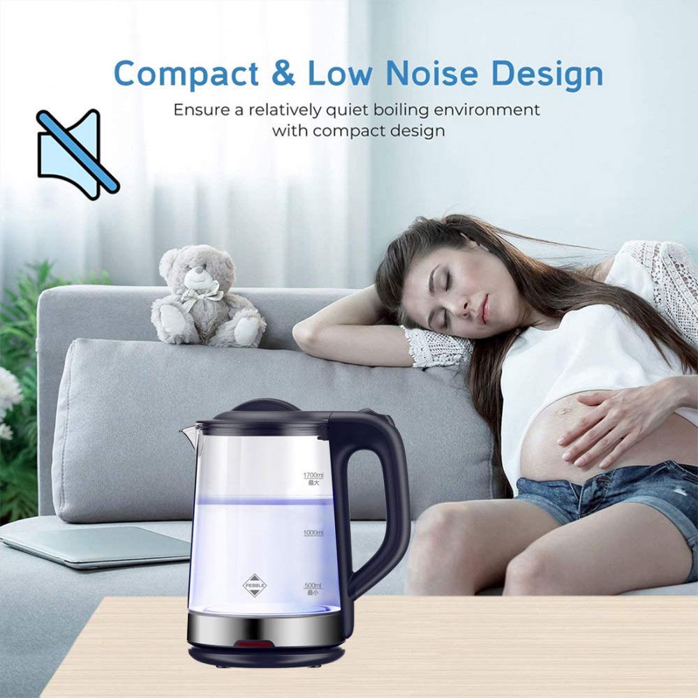 Bollitore Elettrico in Vetro, Ecologico, indicatore LED, spegnimento Automatico e Protezione Anti-Secco, 1,7 Litri, Potenza di Riscaldamento 1800 Watt