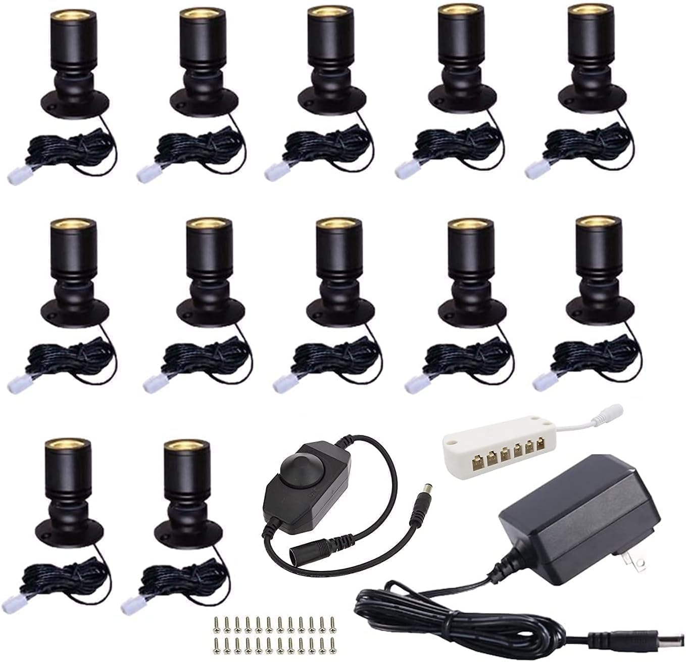 12Pcs/Set Dimmable LED1.5W 12VDC Mini Spotlight Jewelry Showcase Display Lighting Fixture Black Shell Surface Mount with Online PWM Dimmer(Warm White 3000K)