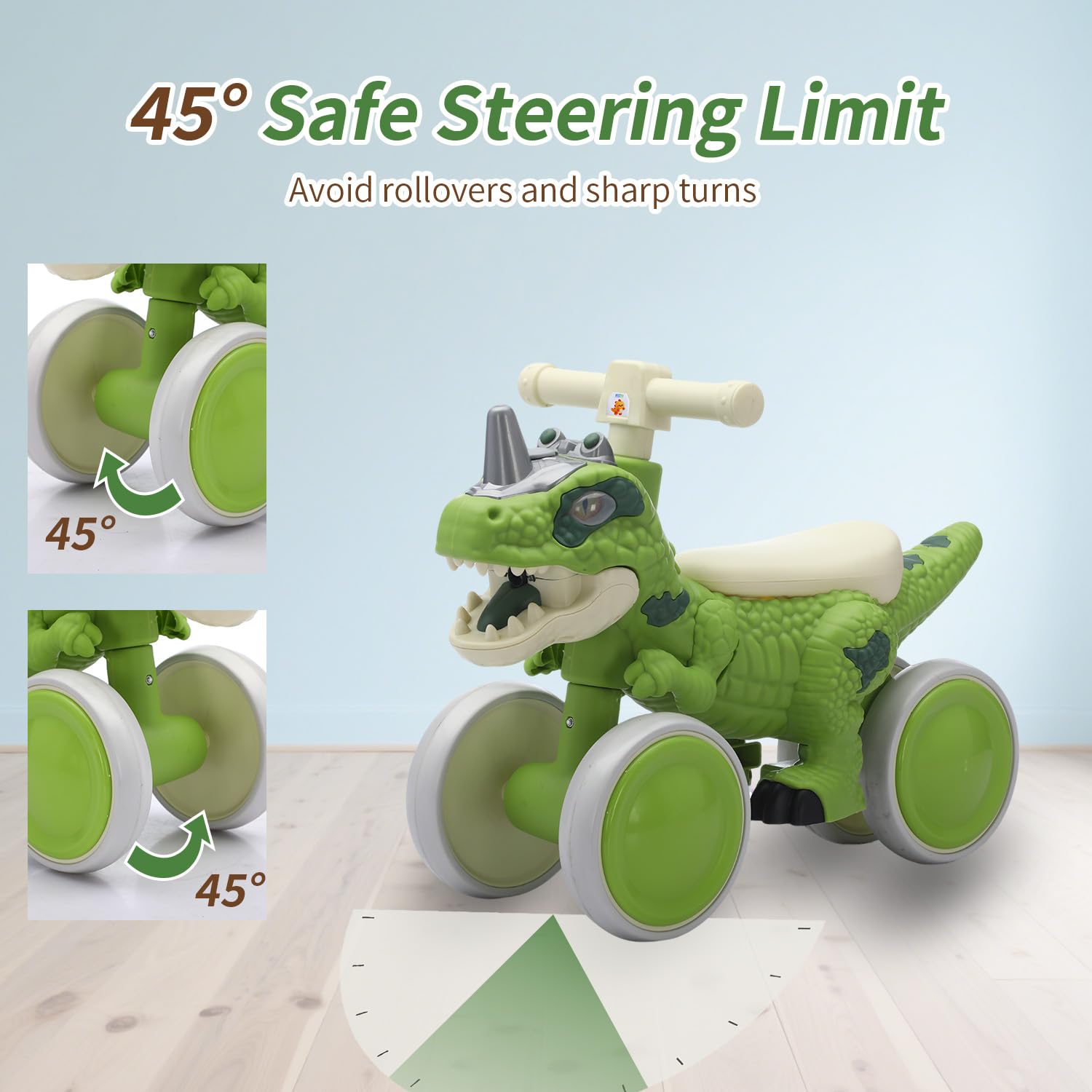 Bicicleta de equilibrio de dinosaurio para niños de 1 a 3 años, caminante sin pedal de 4 ruedas con efectos de música y rocío de niebla, regalo de primer cumpleaños certificado ASTM para niños 5