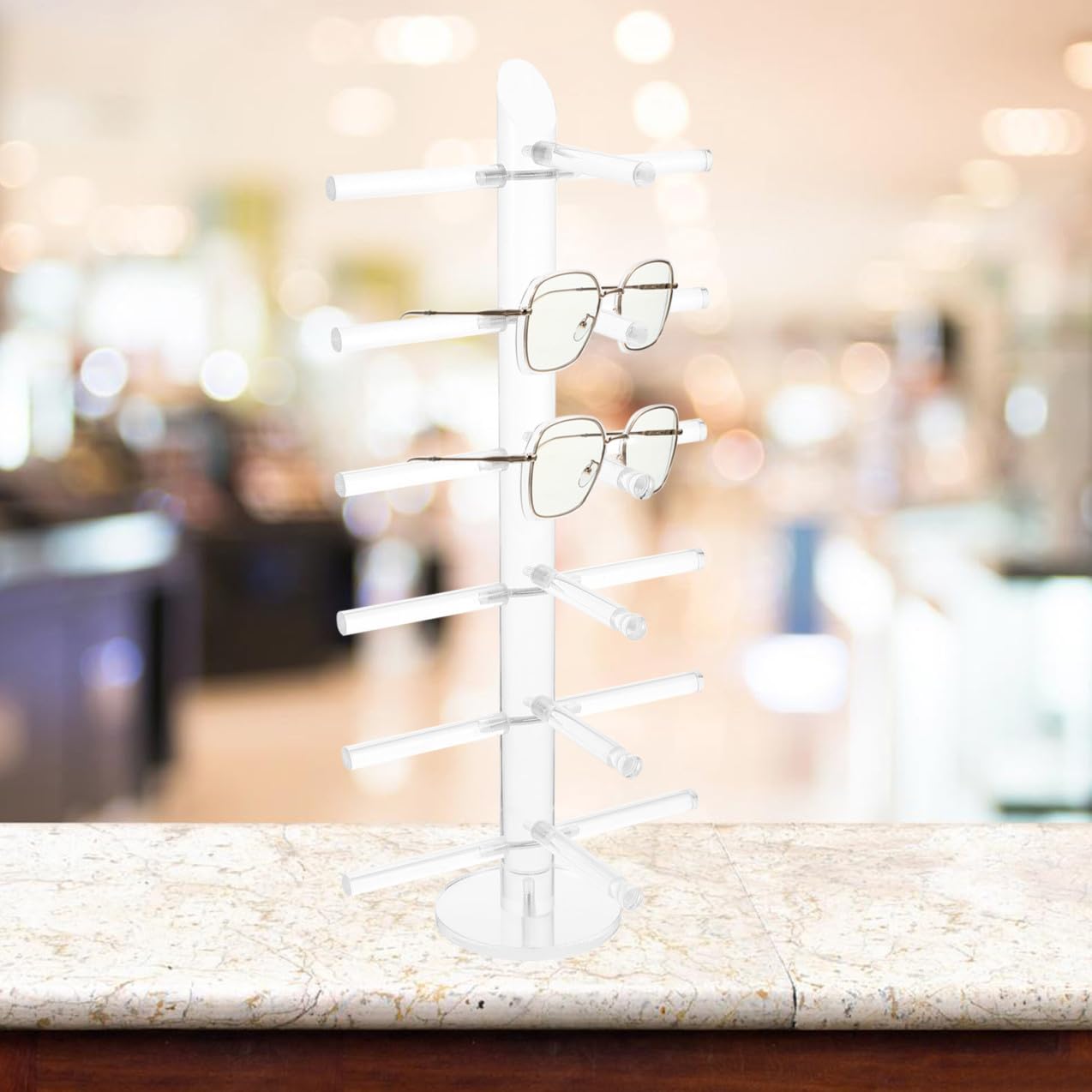 NUOBESTY Espositore per Occhiali in Acrilico Trasparente Design Moderno e Struttura Stabile per Negozio di Ottica, Ufficio o Casa – Supporto da Banco per Occhiali da Vista e Sole