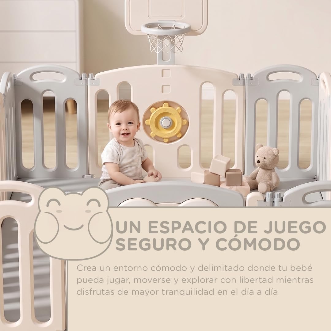 Parque Infantil 185x154cm Corralito para Juegos de Bebe Plegable con Puerta LED y Canasta con 20 Bolas y Paneles de Seguridad HDPE Sin BPA Parque Bebé Interior y Exterior Rana Desarrollo Gateo