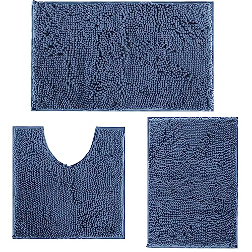 Image of Bathroom Rugs Bath Mats for Batroom Chenillen Bath Rug Set 3 Piece Non-Slip Bath Mats, Absorbent Shaggy Rugs, Machine Wash, Perfect Plush Bathroom Mats, Bathroom Carpets Set Sky Blue