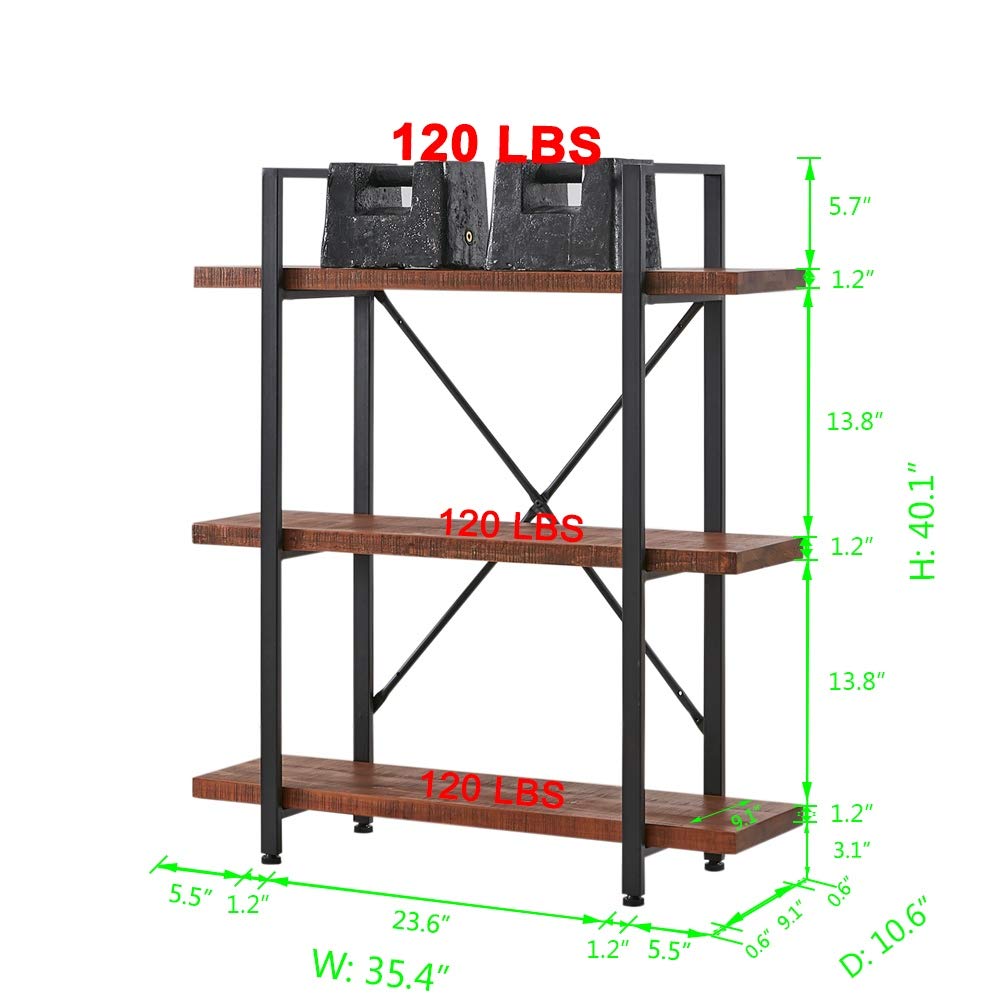 HSH Natural Real Wood Bookshelf, 3 Tier Rustic Vintage Industrial