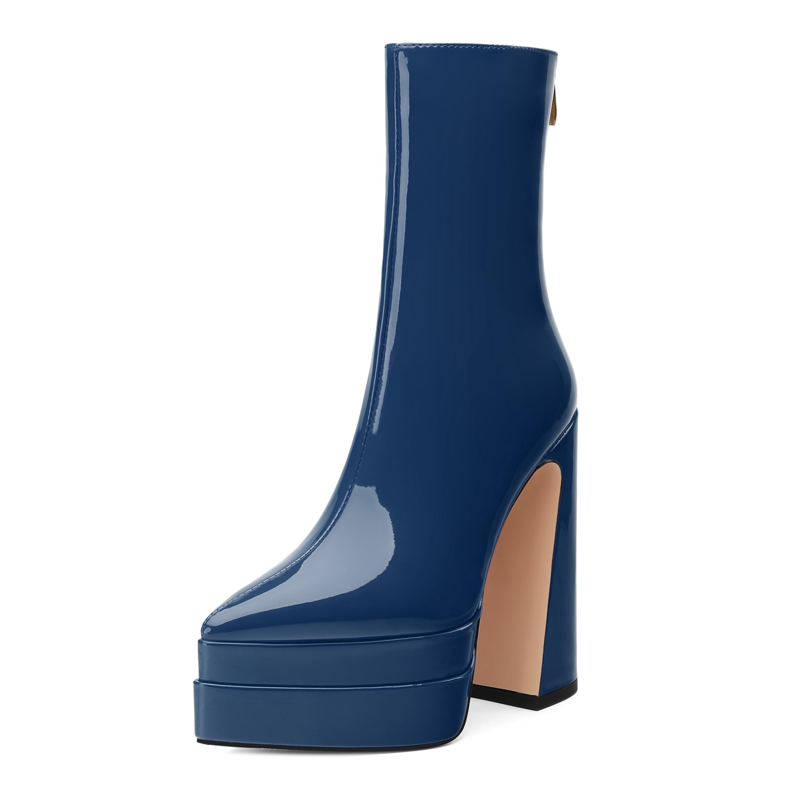 DEMOSHINE Platform Mid Calf Boots for Women Chunky High Heel Pointed Toe Boots Patent Side Zipper Short Boots