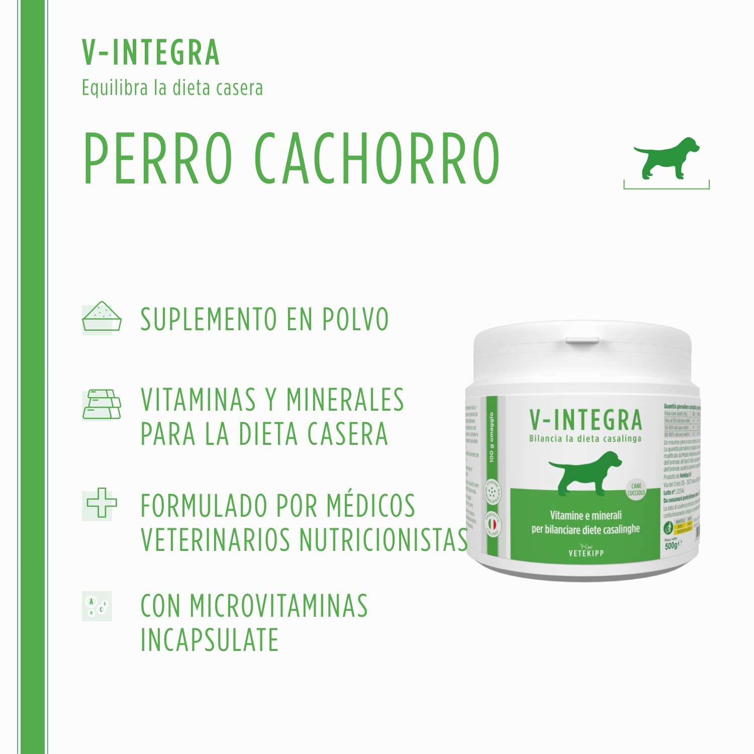 V INTEGRA Perro Cachorro 500g, Suplemento Completo Rico en Vitaminas y Minerales para y Dieta Casera y Barf, V Integra Vitaminas para Perros, Suplementos para Perros Made in Italy