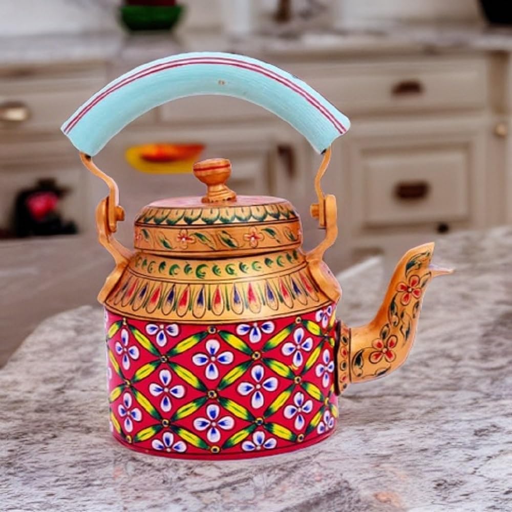 Traditional Hand Painted Aluminum Kettle Pot for Serving & Home Dcor (Red & Gold)-image-46