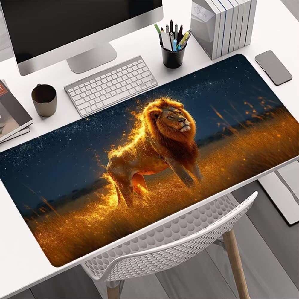 Alfombrilla Ratón, Alfombrilla Gaming León XXL 1200x600x3mm, Extendida Base de Antideslizante Caucho Mouse Pad Animal, Protector Escritorio con Bordes Cosidos, Mejora la precisión y la Velocidad D-4