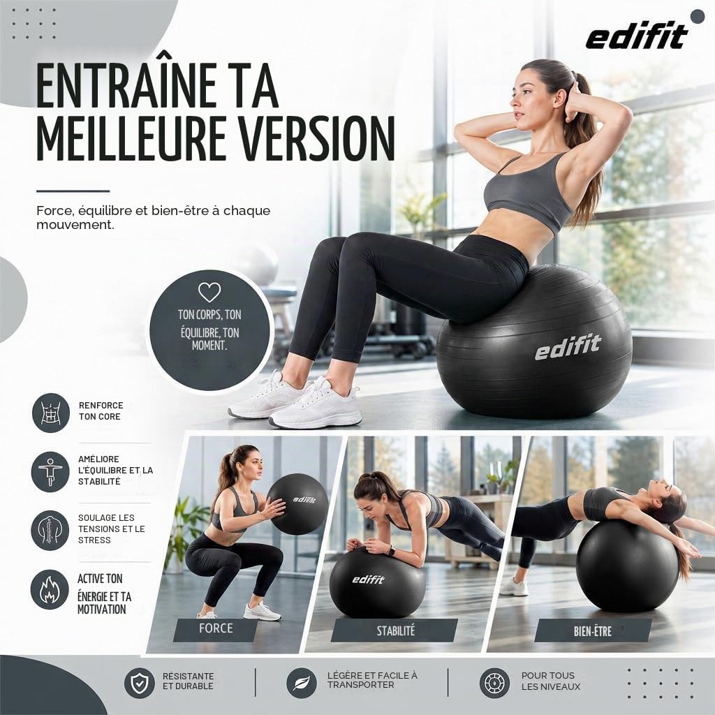 Edifit, Ballon Grossesse, 55, 65 et 75, Swiss Ball, Gym, Pilates, Gonfleur Inclus, Fitness Materiel, Gymnastique, Yoga Accessoires