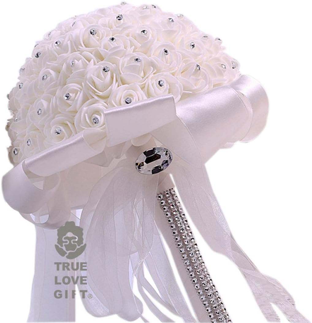 ZiDeTang Wedding Bride Bouquet Handmade Crystal Satin Rose Bridal Bridesmaid Toss Bouquet Artificial Fake Flowers Cream