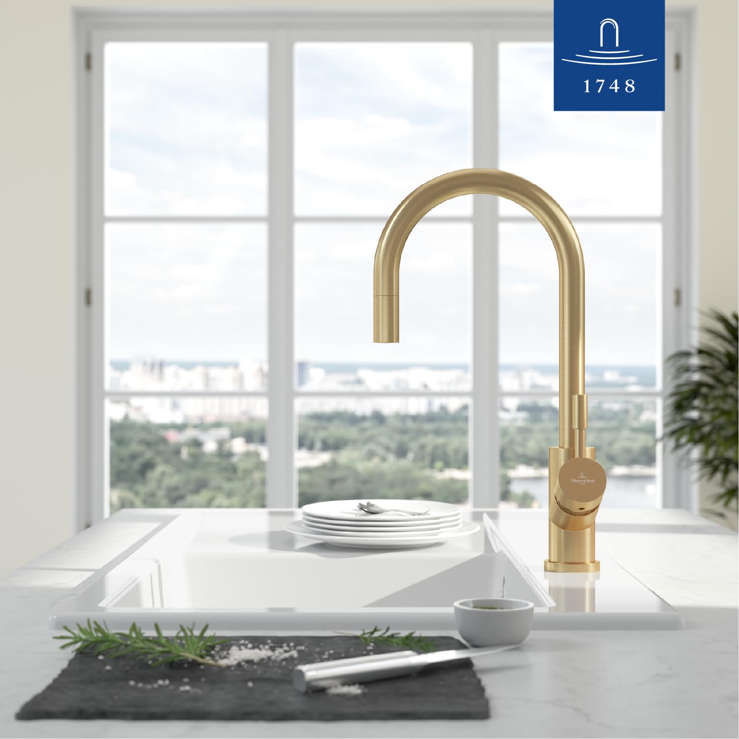Villeroy & Boch Umbrella Flex grifería de cocina, alta presión, grifo de cocina con rociador extraíble y radio de giro de 360°, grifo de fregadero de bajo consumo, altura del caño 220 mm, dorado