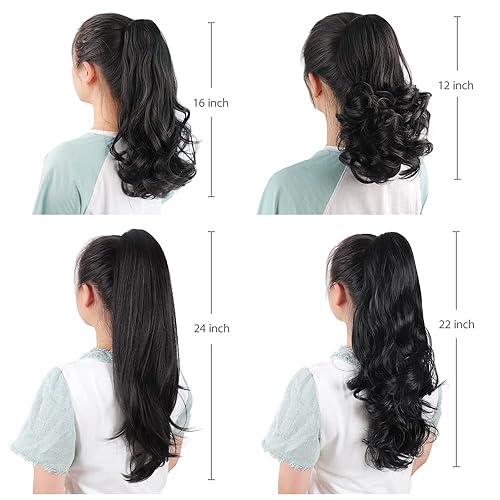 Miniatura 5 de HSPJHTM Extensión de cola de caballo, 2 extensiones de cola de caballo negras para mujer, 24 pulgadas, extensiones de cabello sintético con clip,