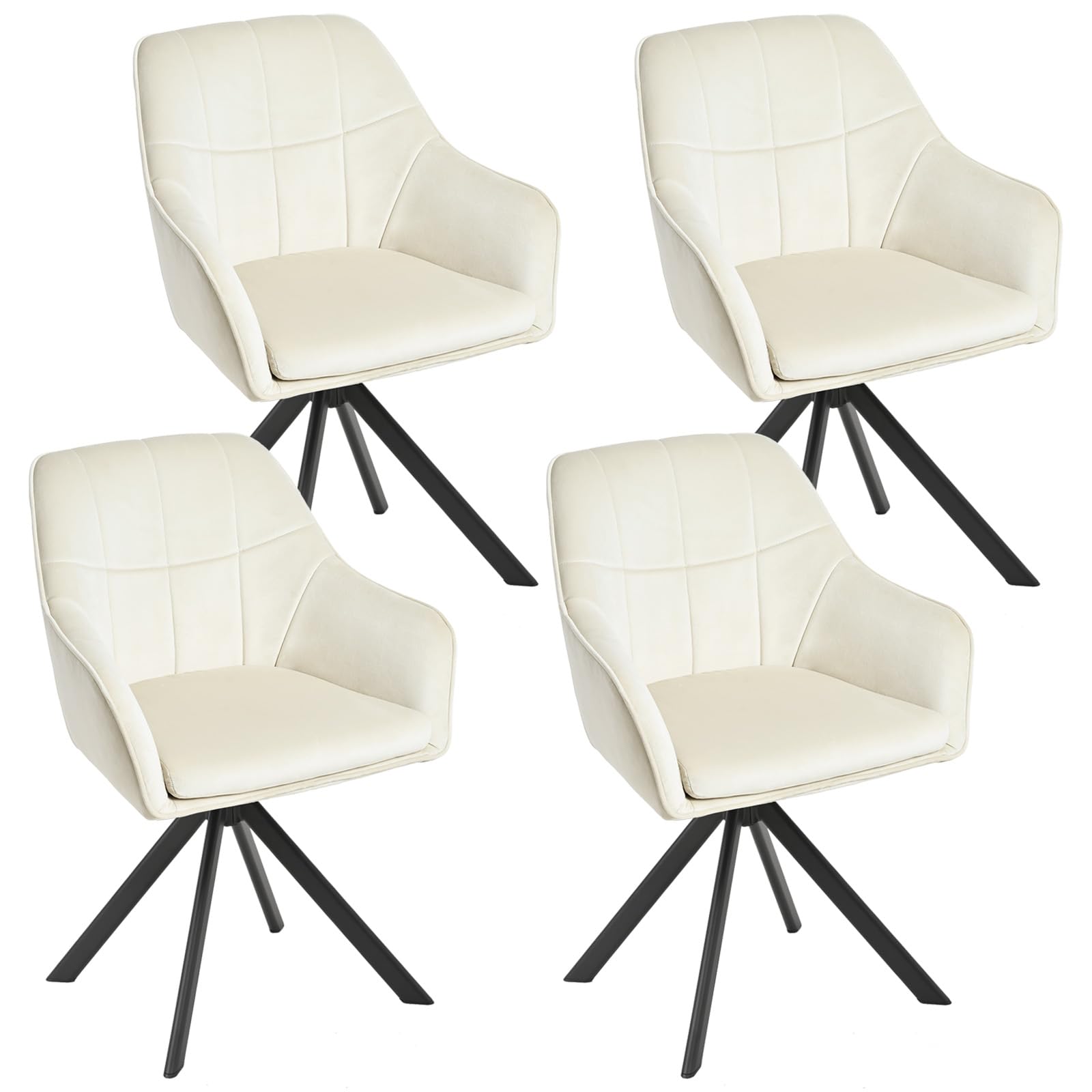 Goeurvant 360° Swivel Dining Chairs Set of 4, Cream Velvet Armchairs, Ergonomic Designed Chairs with Armrests and Metal Legs for Apartment, Dining Room, Kitchen, Study, Vanity, Office