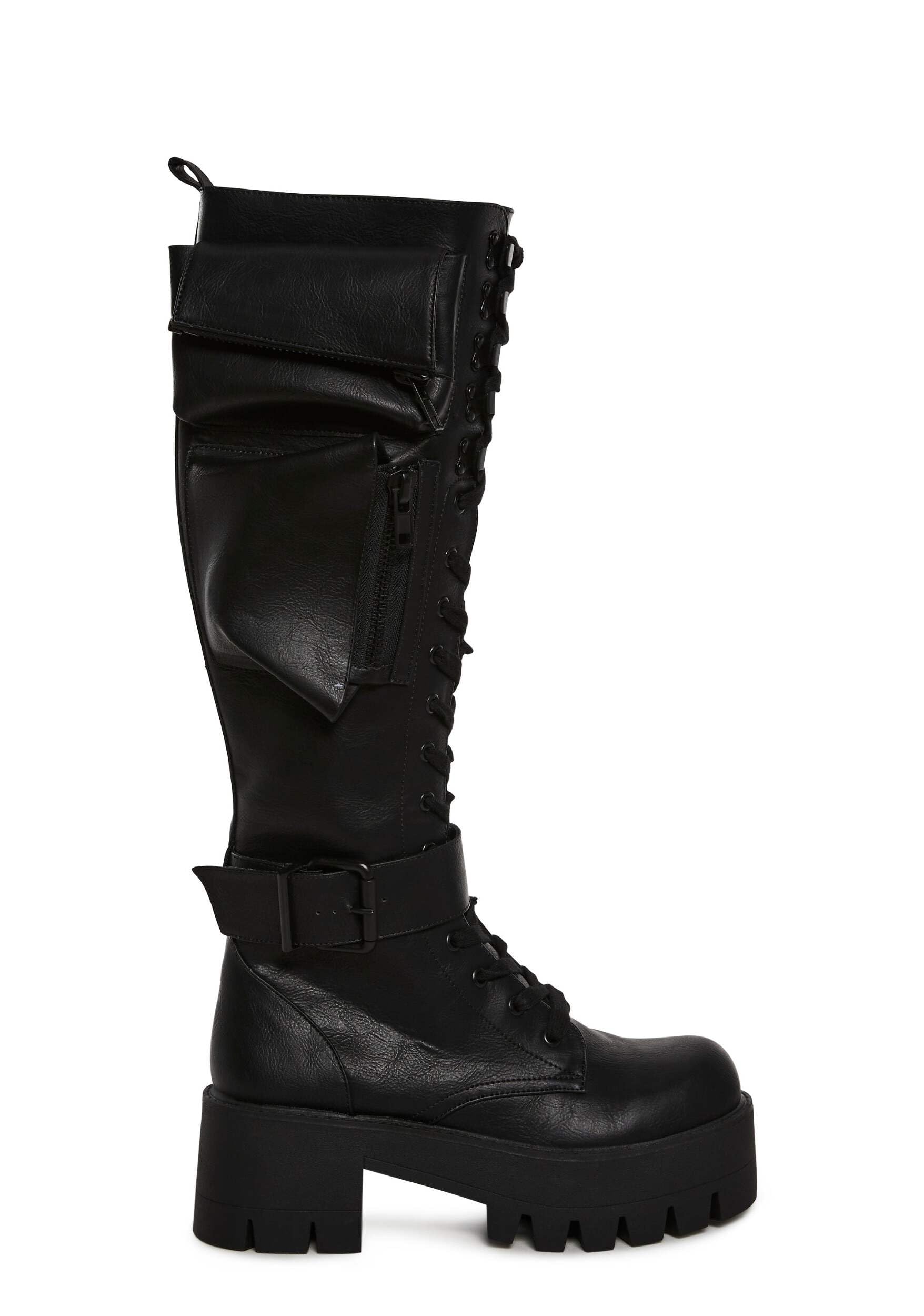 Dolls Kill Obsidian Pocket Combat Boots by Current Mood – Knee High Vegan Leather Combat Boots for Edgy Style