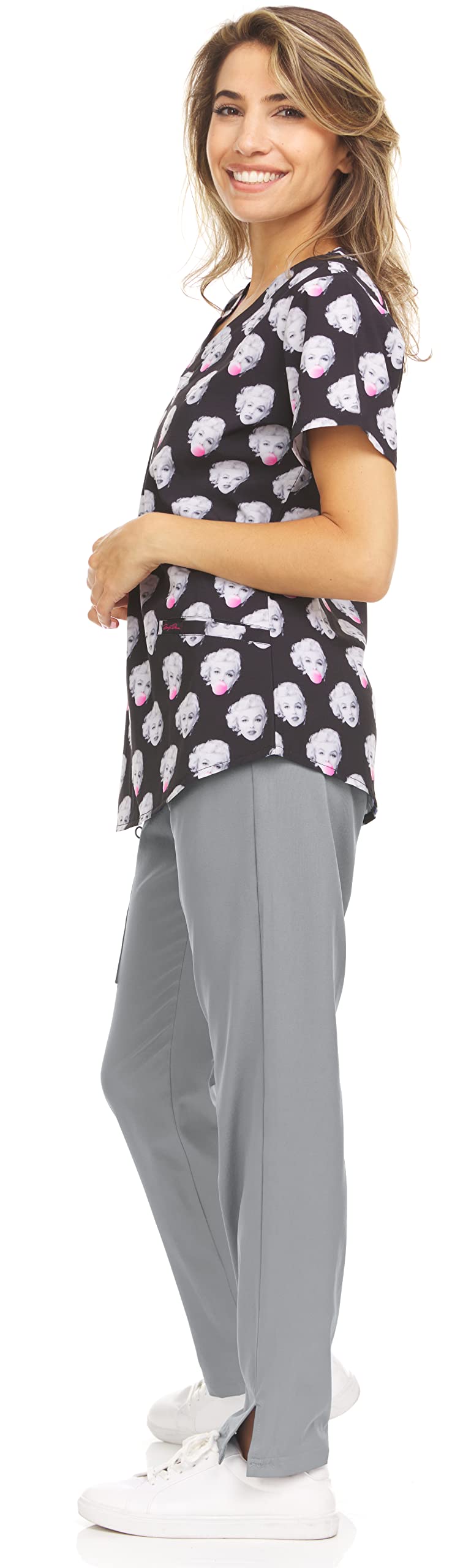 MediChic Women's Print Scrubs Workwear Set Medical Nursing Print Scrubs V-Neck Top and Straight Leg Pants Set