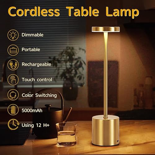 Miniatura 2 de Paquete de 2 lámparas de mesa inalámbricas recargables LED, portátiles para exteriores, 5000 mAh, funciona con pilas, luz de mesa con control