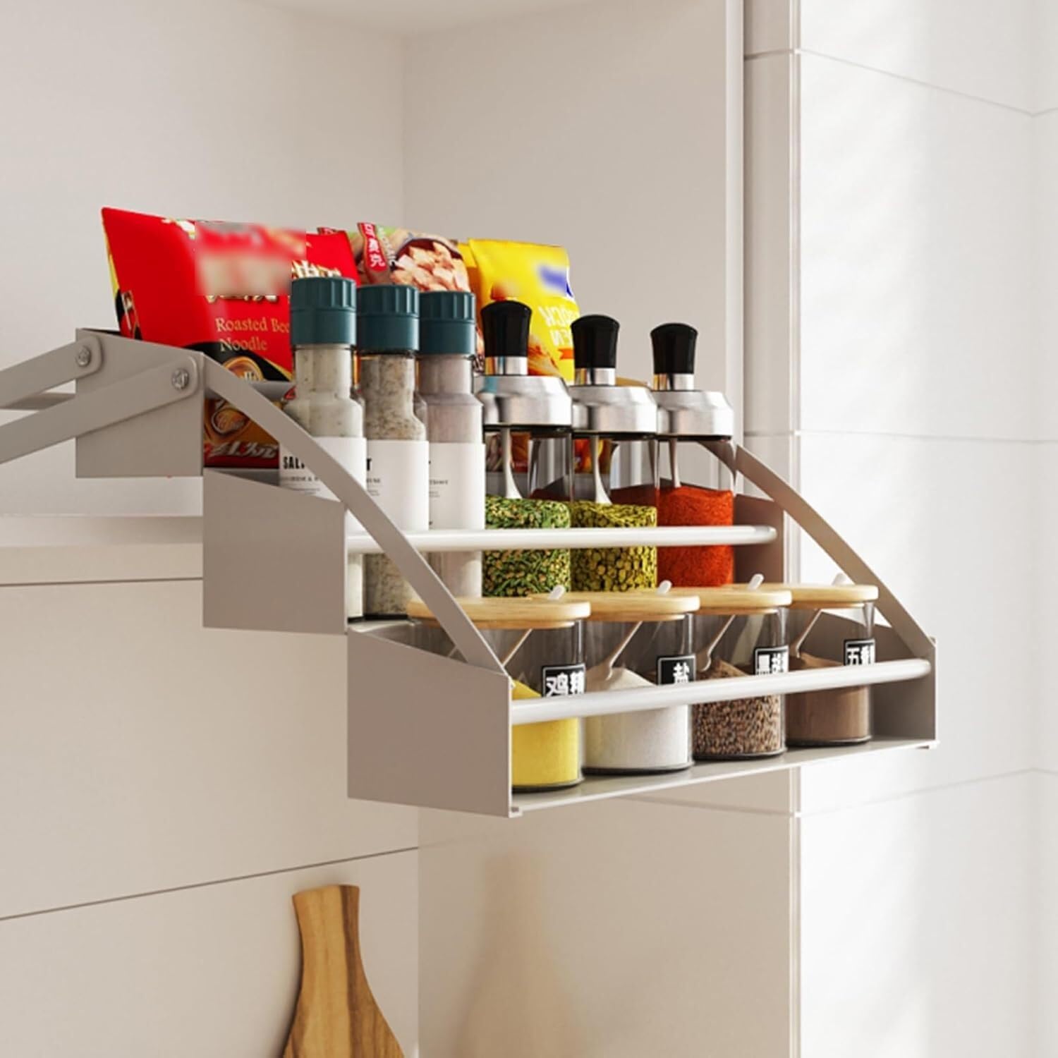 OLSKFUH Kitchen Storage Pullout Cabinet Organiser Hidden Kitchen Upper Cabinet Storage Pullout Telescopic Organiser For Spice Bottles And Spice Jars,3 Layers-One Size