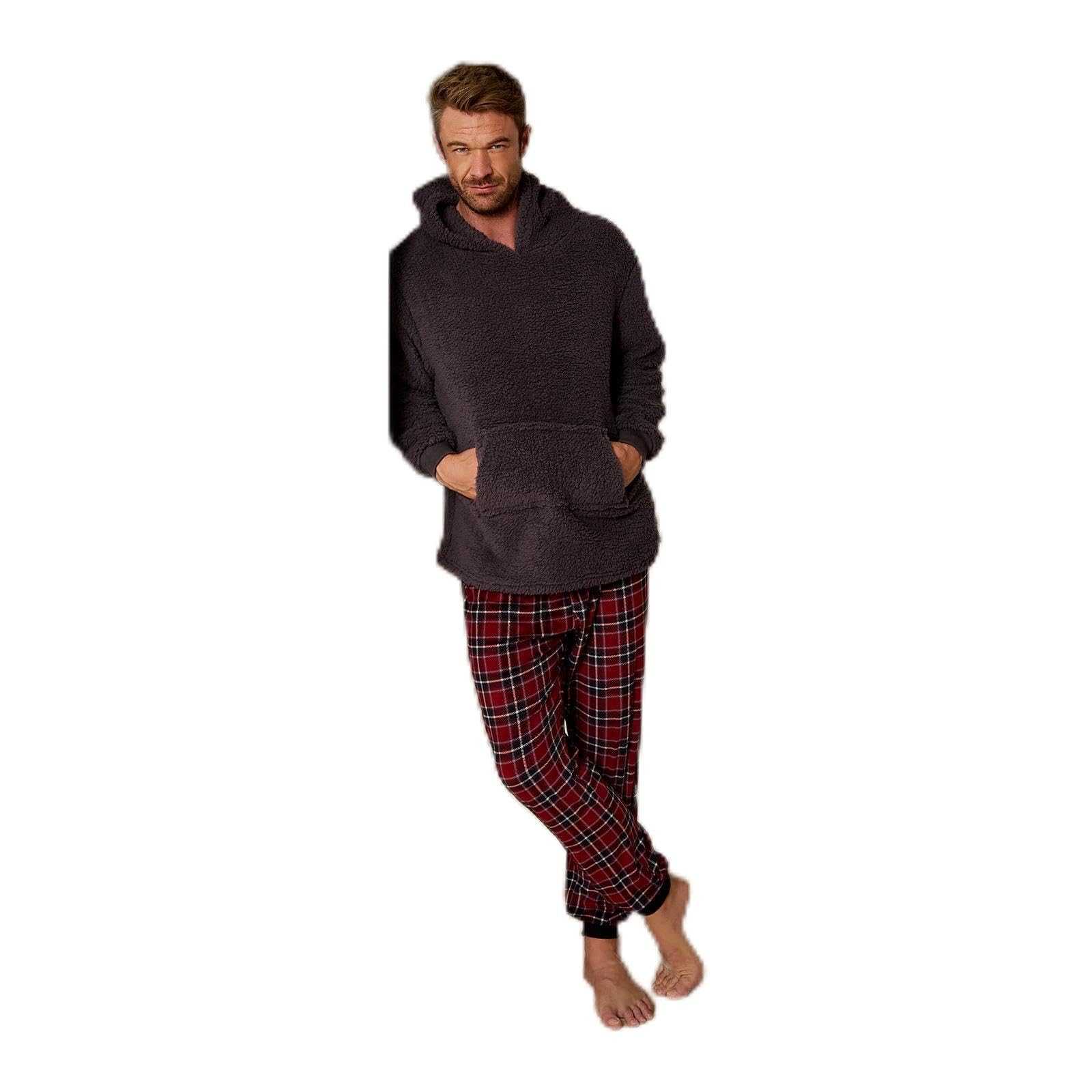 OHS Pyjama Set Mens Teddy Fleece Hoodie and Checkered Full Length Bottom Pyjamas for Men Pullover Pjs Set of 2 Soft Warm Winter Nightwear Sleepwear Loungewear, Burgundy