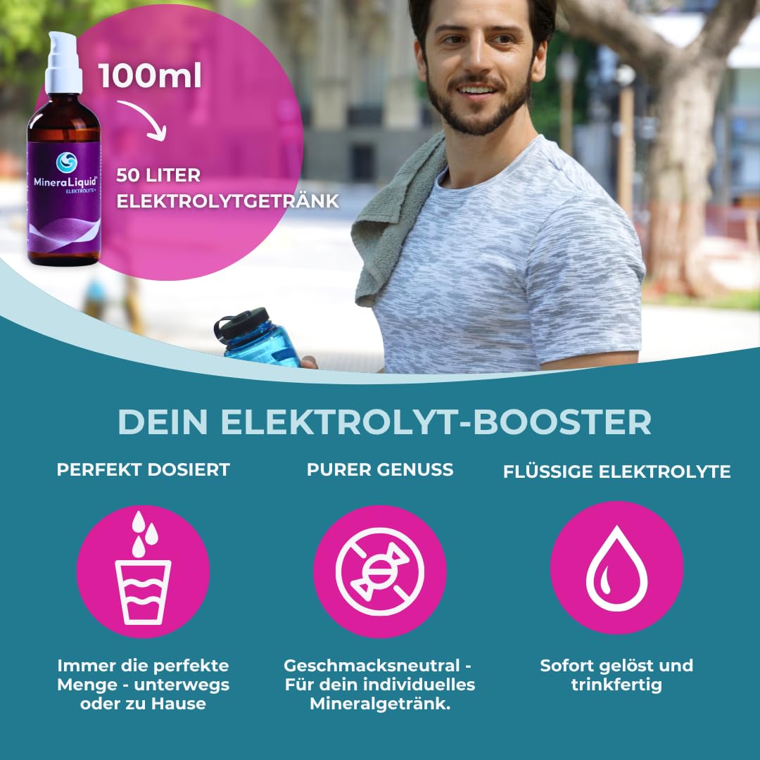Elektrolyte+ - Mineralien für Wasser bei erhöhtem Bedarf - Magnesium, Calcium, Natrium, Kalium - 100ml Mineralkonzentrat ohne Zucker - Geschmacksneutral - Made in Germany