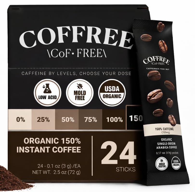 Image of COFFREE Organic Instant Coffee Packets - Extra Strong 150% Caffeine - Mold Free, Low Acid, Single-Origin Arabica - Individual Single Serve Coffee Sticks - Travel, Camping - Dark Roast - 24 Count