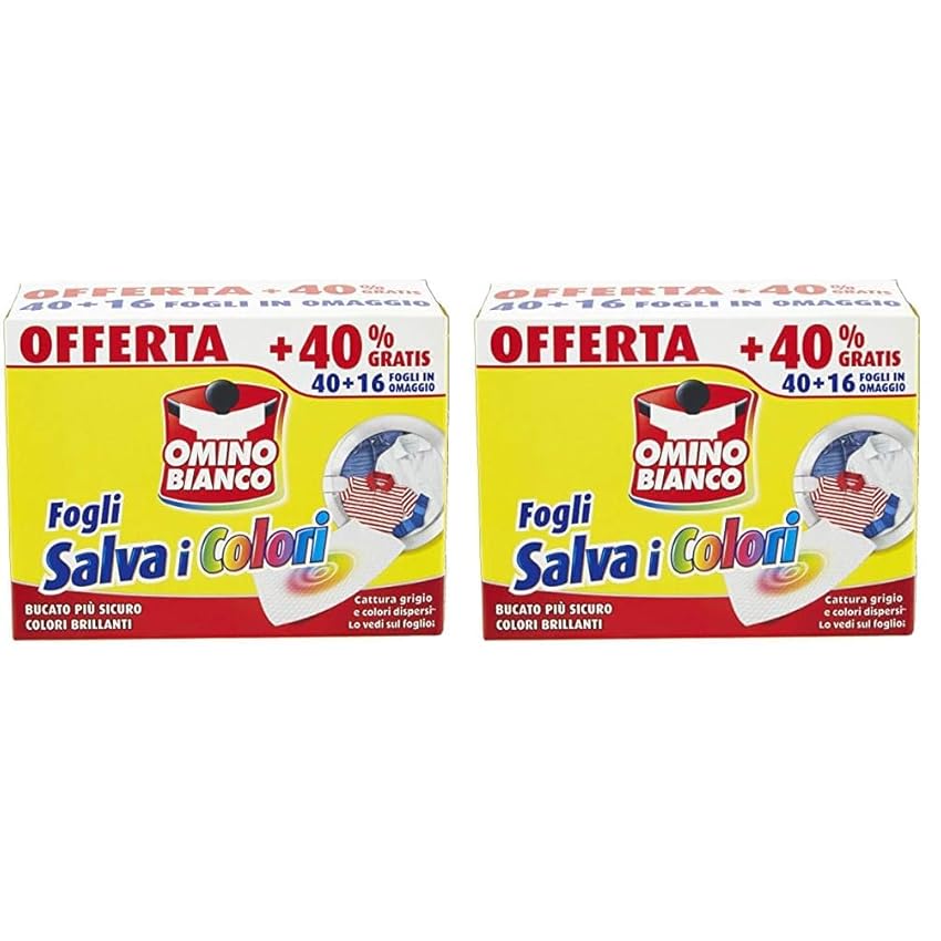 Omino Bianco - Fogli Salva Colore, Struttura a Nido d'Ape, Catturano il Grigio e i Colori Dispersi nel Lavaggio, 40 Pezzi + 16 Omaggio (Confezione da 2)