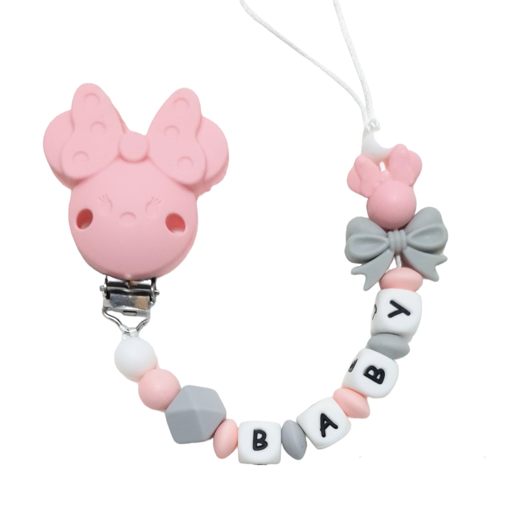 Maus Silikon Schnullerkette mit Wunschname – Maus Motiv mit Schleife– Personalisierter Schnullerhalter – BPA-frei & Handgemacht – Perfektes Babygeschenk zur Geburt oder Babyshower (Rosa) (Rosa)