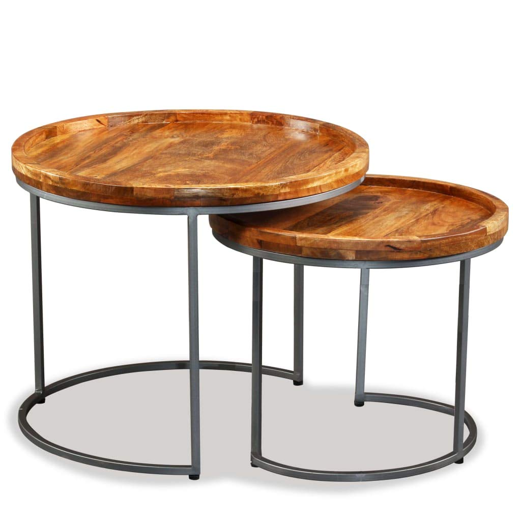 Juego de 2 mesas auxiliares de madera maciza de mango con patas de hierro, 55 x 45 cm y 45 x 38 cm, como mesa de café, mesa de sofá, mesa de almacenamiento en el salón