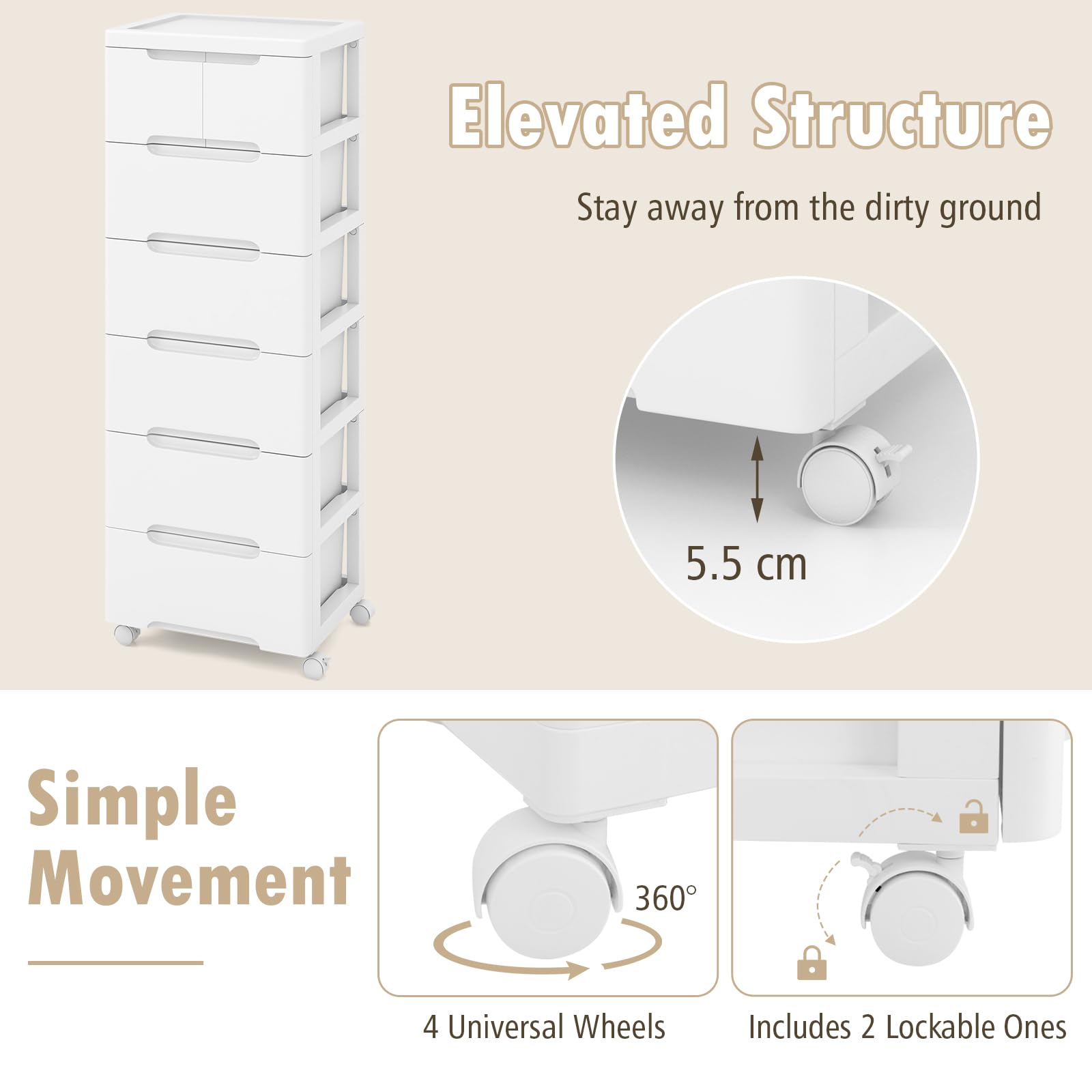 GIANTEX Armadietto per nicchia con ruote, scaffale per nicchia con 7 cassetti, carrello stretto con serratura a rotelle, carrello da bagno con piccolo armadio a cassetti 40 x 32 x 114 cm, bianco
